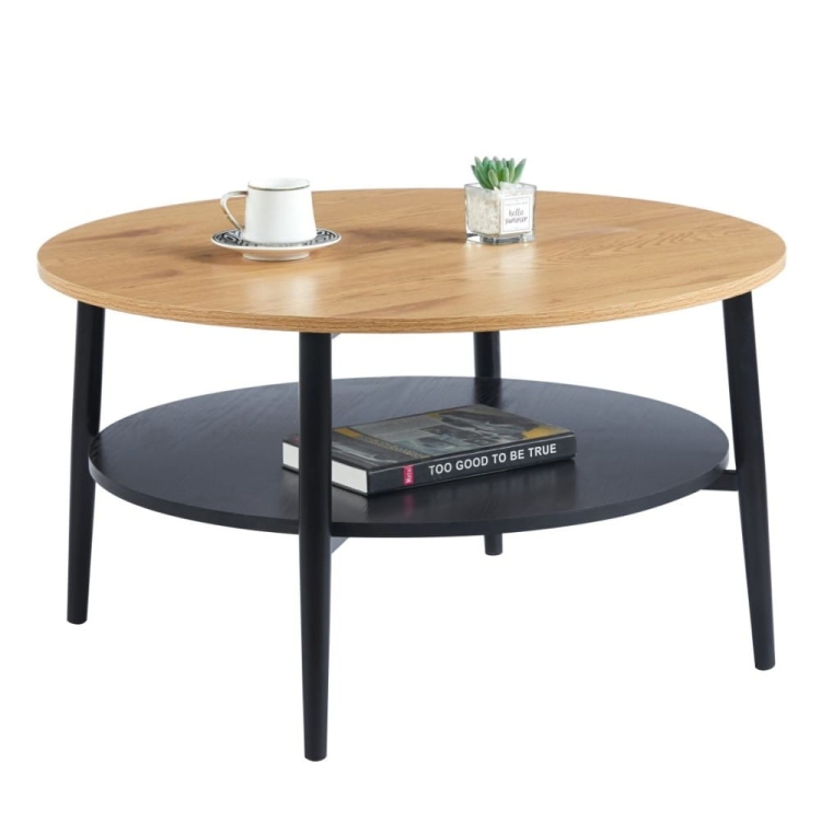 Stolik kawowy JUNE L14-FX (80) z półką, blat dąb naturalny, podstawa czarna