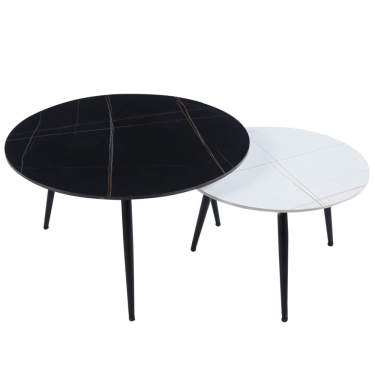 Komplet okrągłych stolików kawowych, czarny + biały, imitacja marmuru