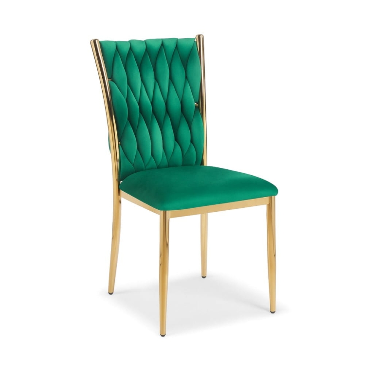 Krzesło z plecionego velvetu ROSSE CLASSSIC, zielony kolor tapicerki, złoty stelaż - widok ogólny nowe-meble.pl