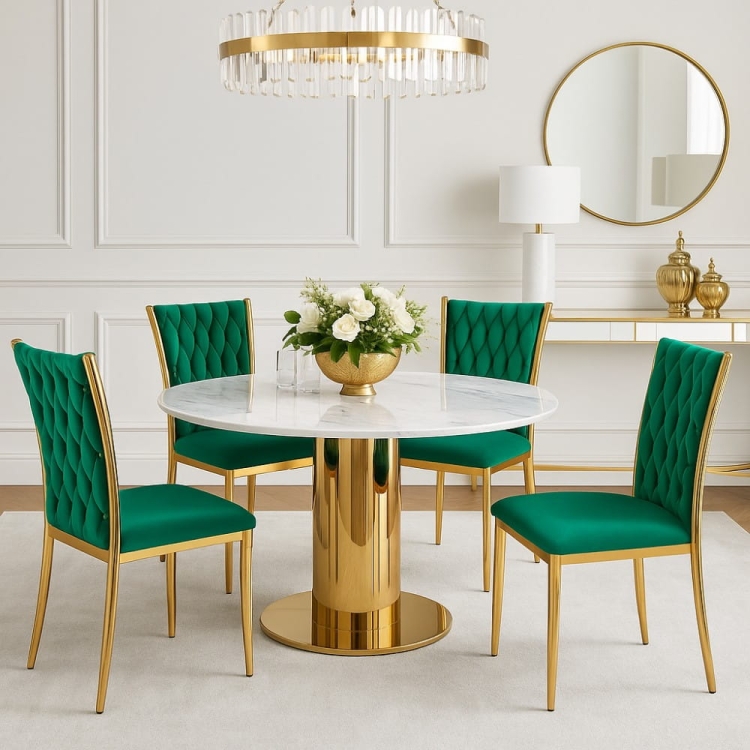 Krzesło z plecionego velvetu ROSSE CLASSSIC, zielony kolor tapicerki, złoty stelaż - aranżacja dla nowe-meble.pl