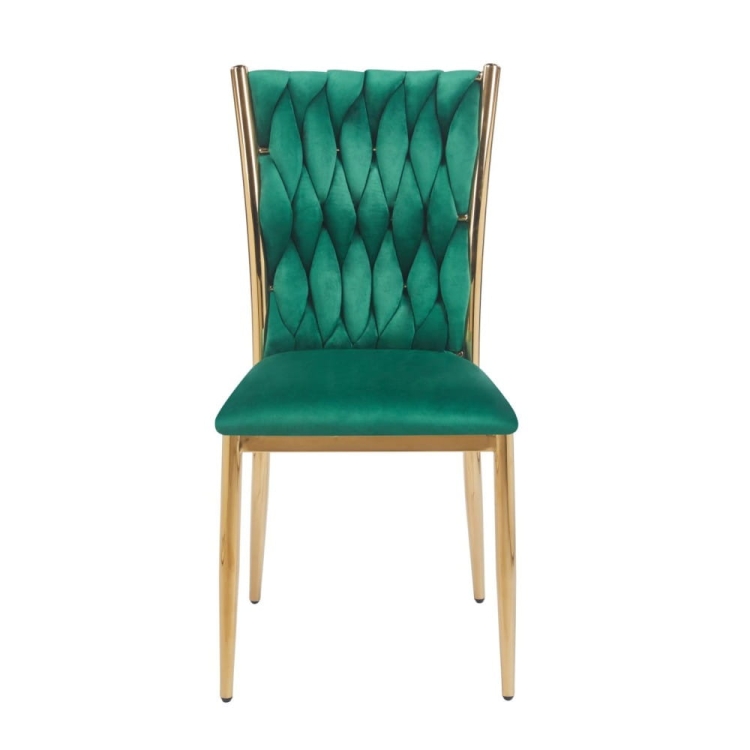 Krzesło z plecionego velvetu ROSSE CLASSSIC, zielony kolor tapicerki, złoty stelaż - widok frontu, nowe-meble.pl