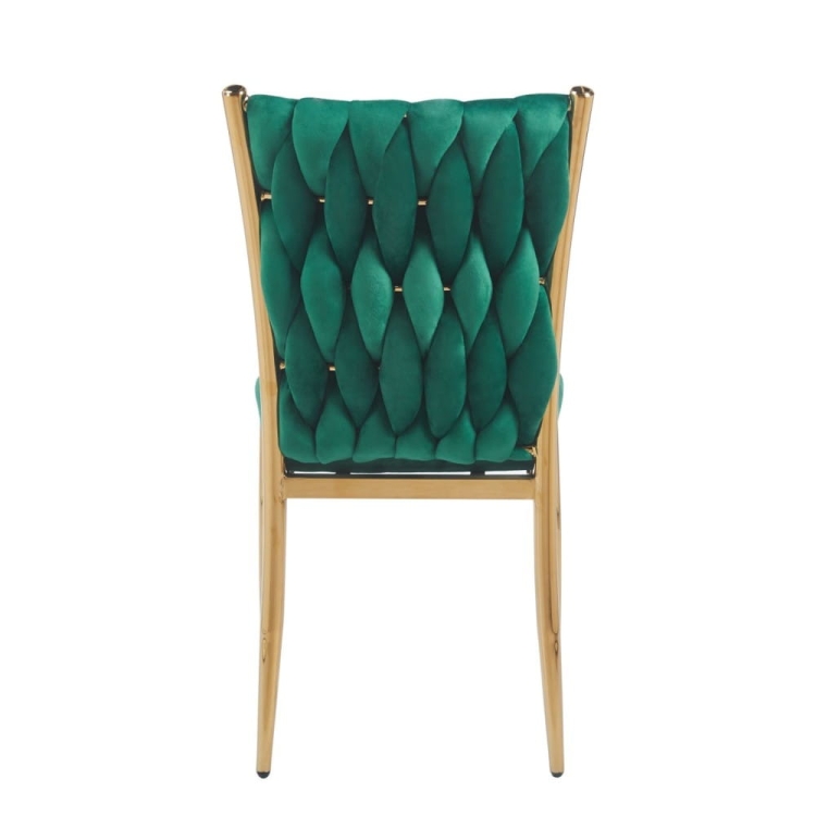 Krzesło z plecionego velvetu ROSSE CLASSSIC, zielony kolor tapicerki, złoty stelaż - widok tyłu, nowe-meble.pl