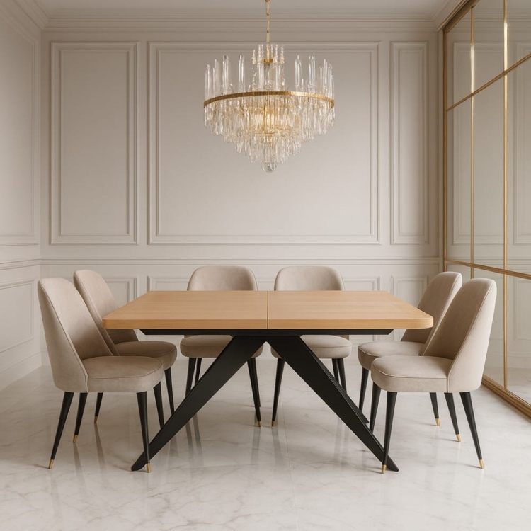 Elegancki rozkładany stół, blat dębowy, czarne metalowe nogi - aranżacja dla nowe-meble.pl