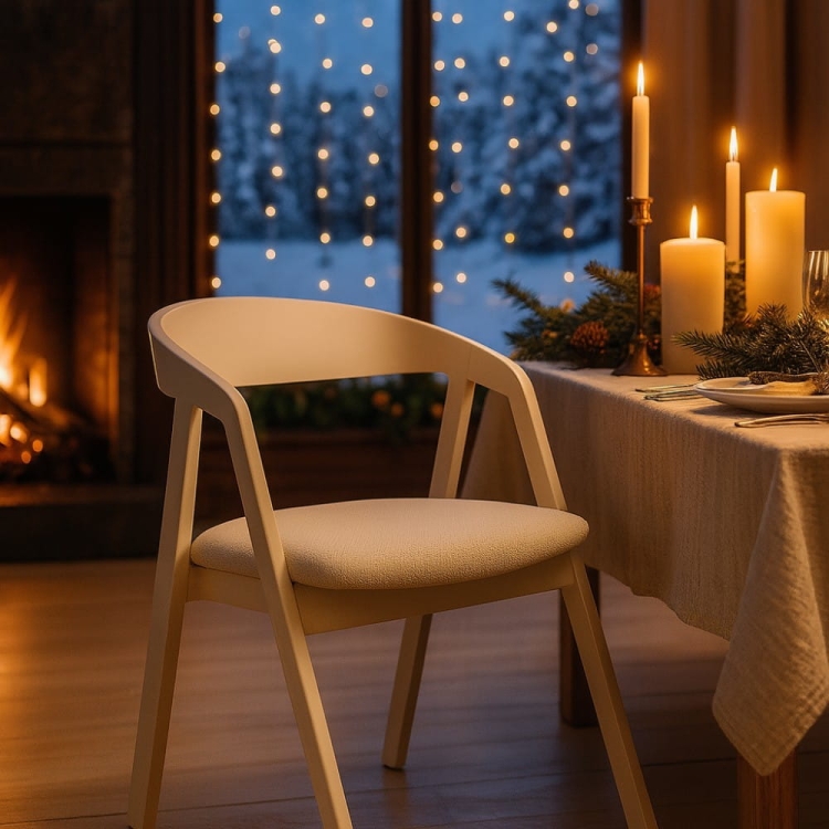 Krzesło z litego dębu lakierowanego na kolor kaszmirowy HUGO z tapicerowanym siedziskiem plamoodporną tkaniną w świątecznej aranżacji