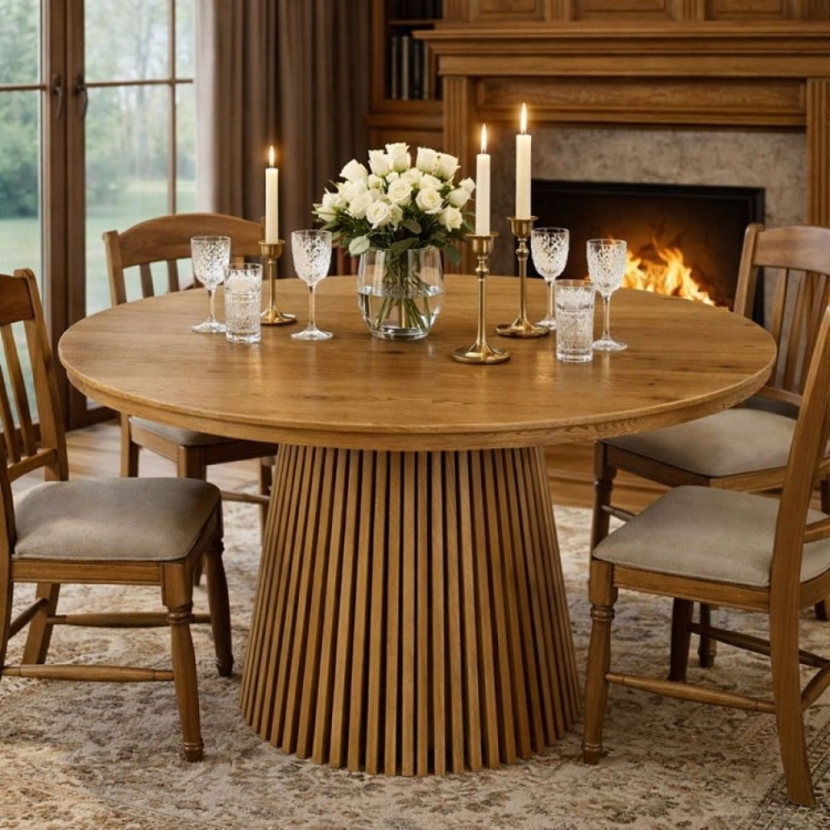 Stół okrągły VALENTI 120 dąb rozkładany w aranżacji classic wood z kominkiem
