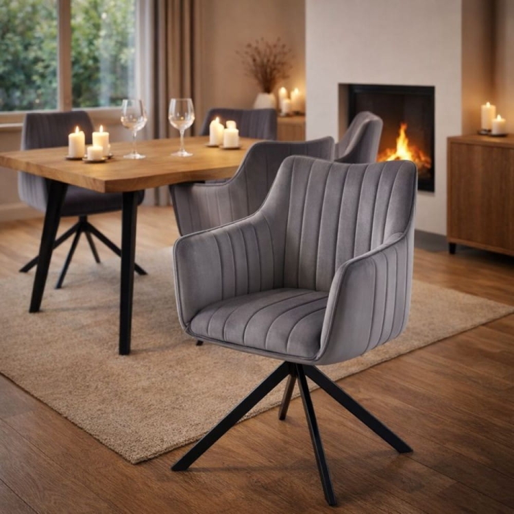 Molly - obrotowe krzesło do jadalni, podłokietniki, szary welur, czarna metalowa noga, aranżacja