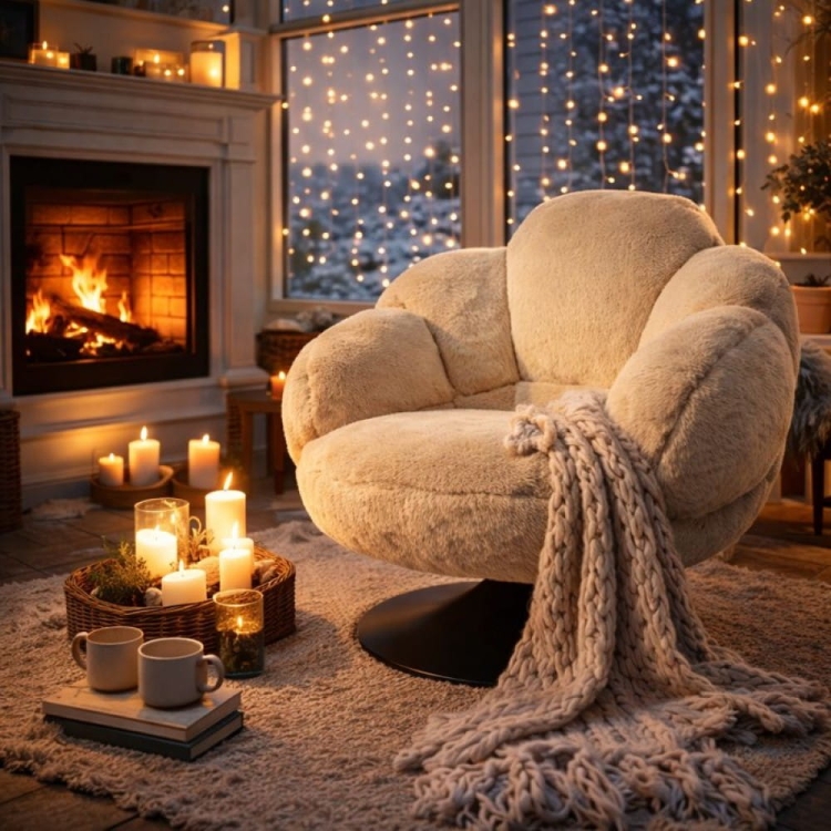 beżowy fotel SHAGGY w eleganckiej aranżacji ogrodu zimowego – przytulny fotel premium