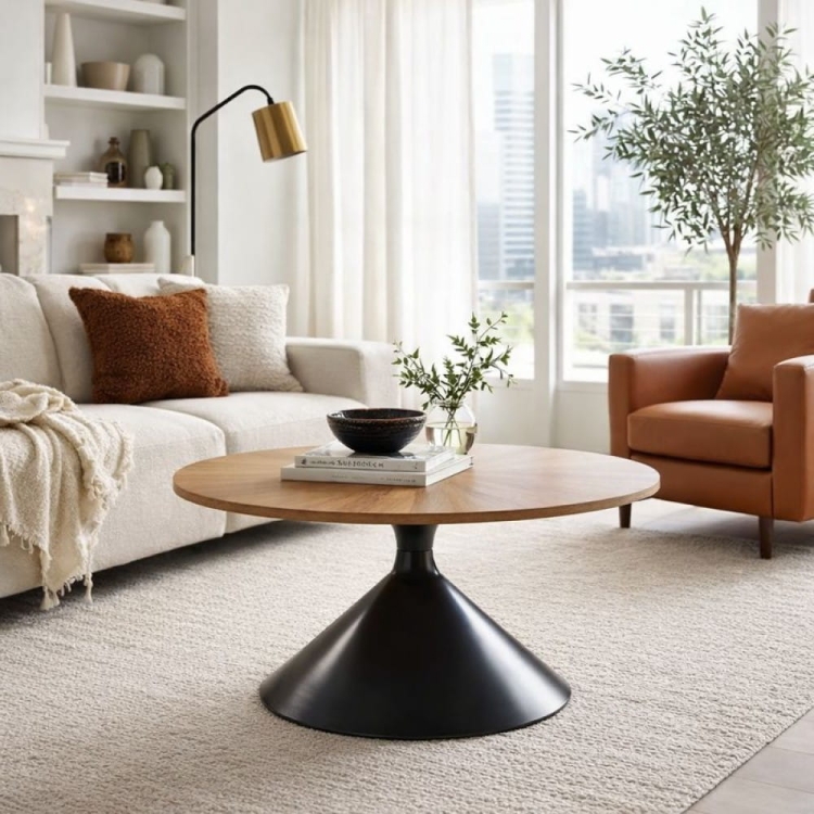 Stolik kawowy Tulia 70 okrągły dąb naturalny czarna metalowa podstawa - aranżacja