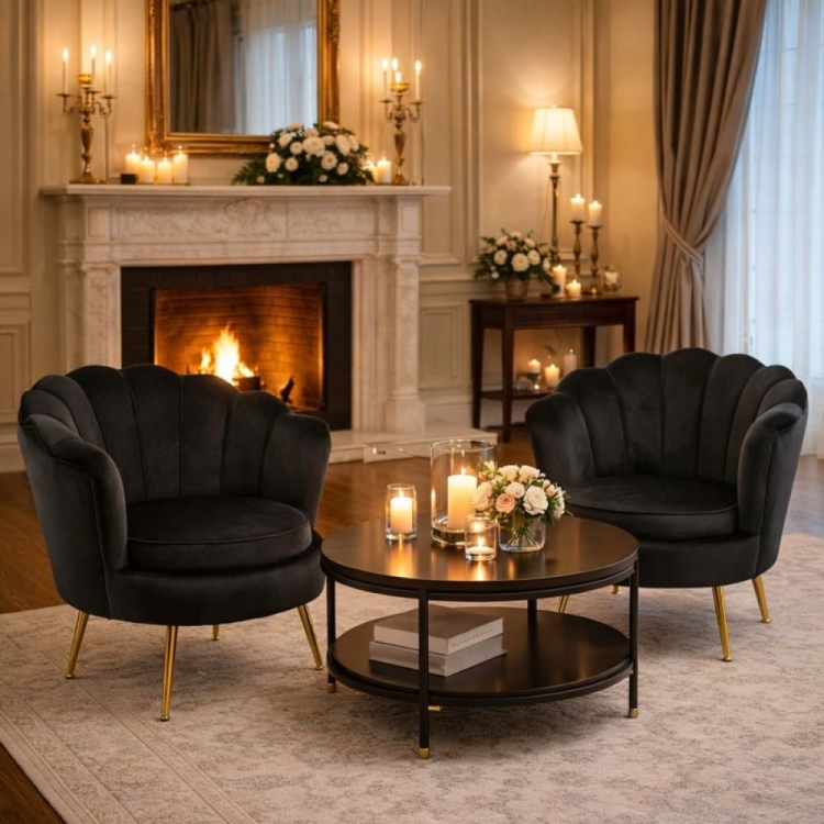 Czarny fotel MUSZELKA w eleganckiej aranżacji wnętrza premium