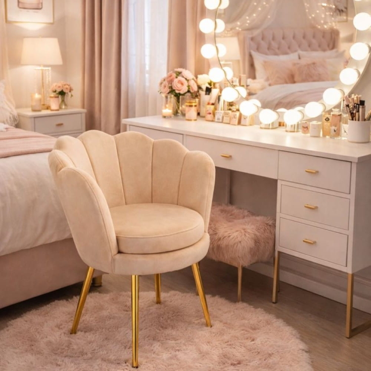 Beżowy mini fotel MUSZELKA  w sypialni