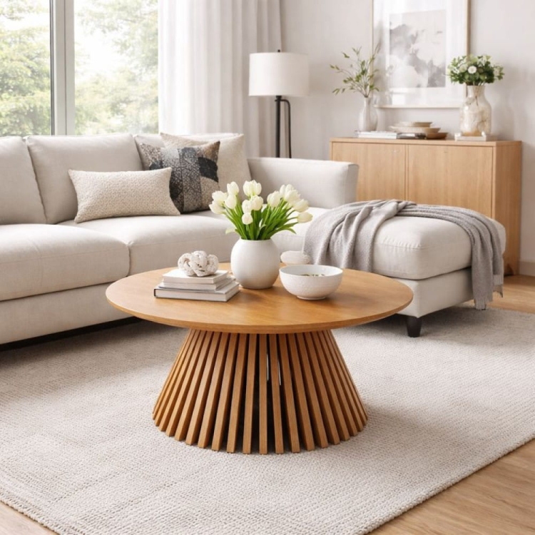 Stolik kawowy VALENTI okrągły 80 cm dąb lamelowa podstawa w nowoczesnej jadalni