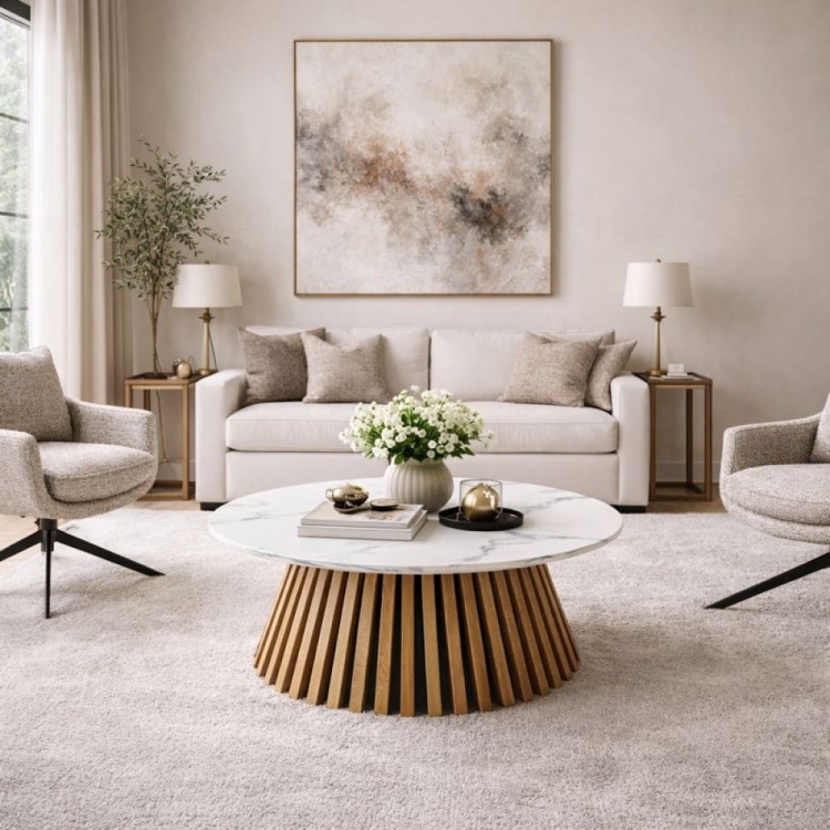 Stolik kawowy VALENTI 80 cm biały marmur w jasnym salonie