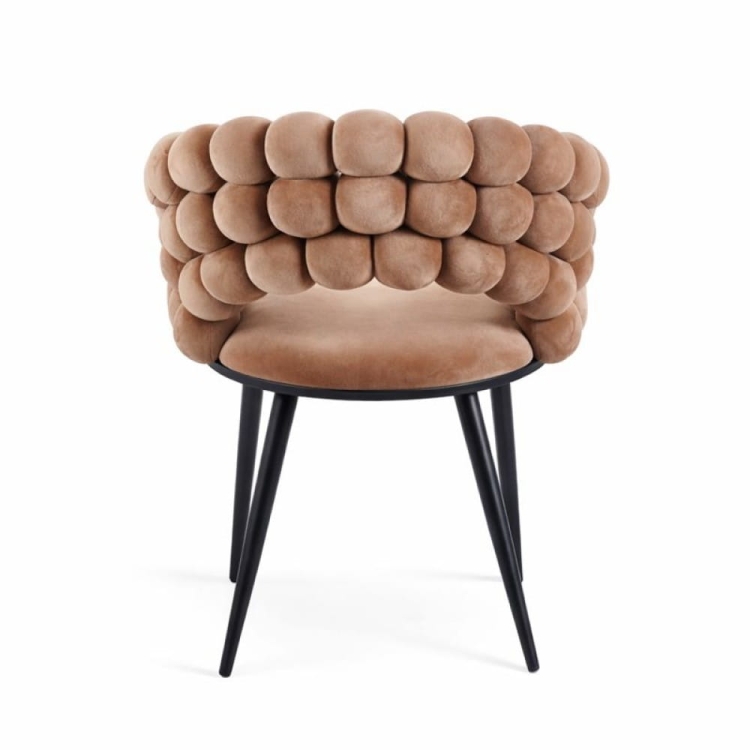 Krzesło tapicerowane Bubble, velvet cappuccino, kulkowe oparcie, czarne metalowe nogi - widok tyłu