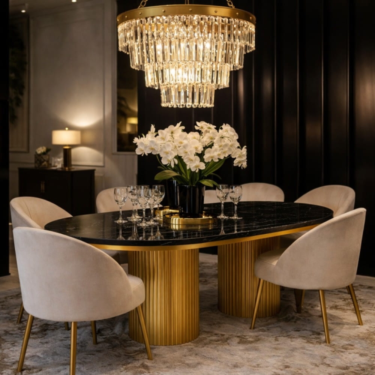 Stół DIONE OVAL w aranżacji glamour – czarny marmur i złote nogi