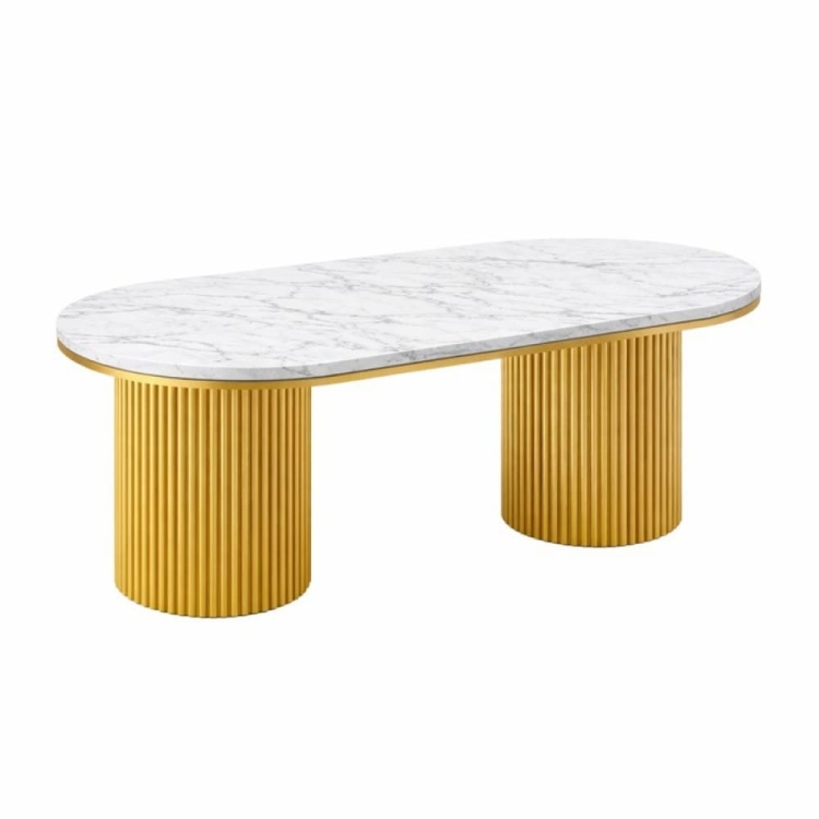 Stół DIONE OVAL z imitacją białego marmuru i złotymi ryflowanymi nogami – styl glamour