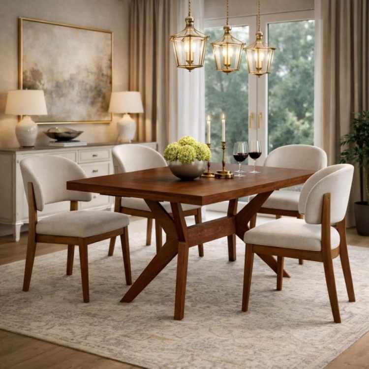 Stół drewniany ORION dąb orzechowy w eleganckiej jadalni z tapicerowanymi krzesłami na drewnianych nogach