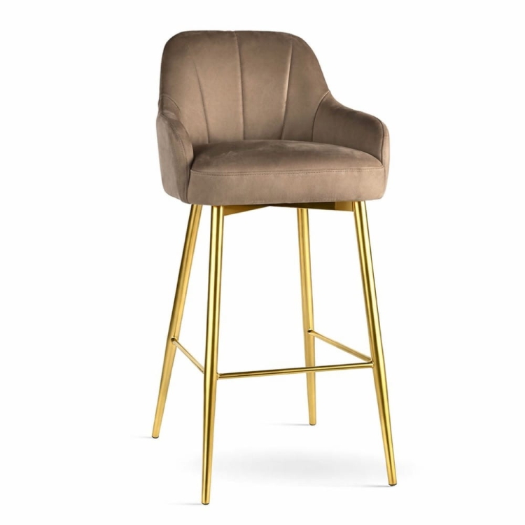 niski hoker TULIP Supreme tapicerowany welurem z podłokietnikami, złota metalowa noga połysk, hoker do wyspy kuchennej 90 cm packshot