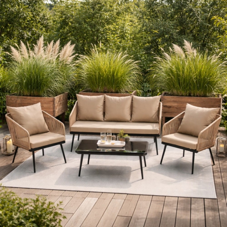 Zestaw ogrodowy Victoria sofa fotele stolik aranżacja tarasu z zielenią nowe-meble.pl