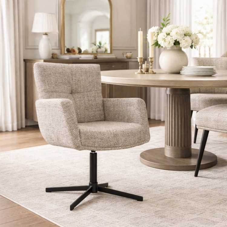 krzesło big loom z podłokietnikami tapicerowane dream jasny beż obrotowe 360 autoreturn aranżacja jadalnia nowoczesna premium