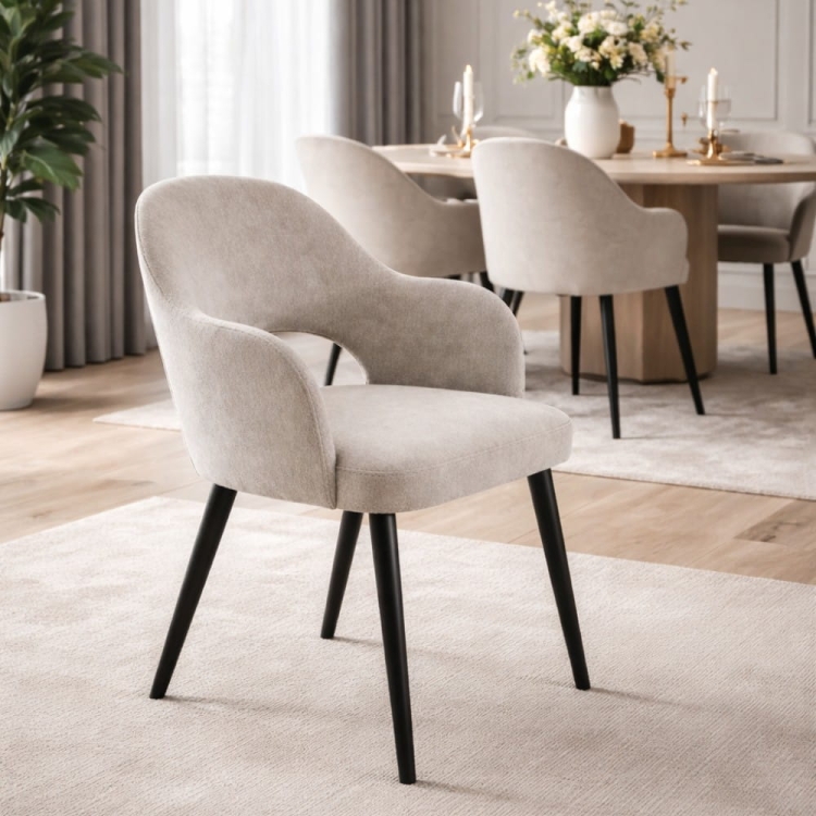 krzesło tapicerowane MELIA z podłokietnikami ZOYA 02 szare welurowe w eleganckiej jadalni premium