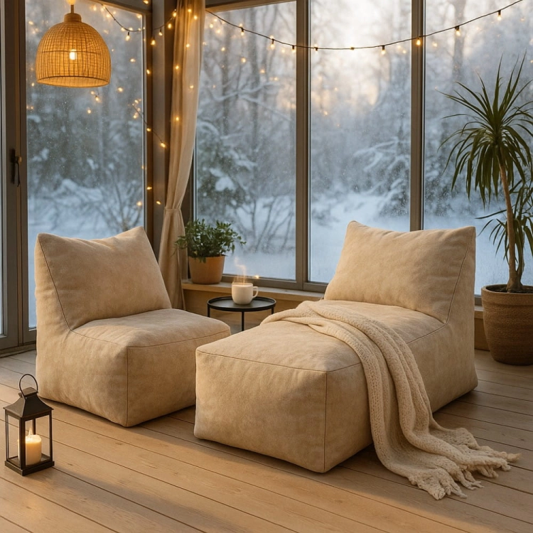 fotel ogrodowy bali tapicerowany beżowy aranżacja zimowy ogród