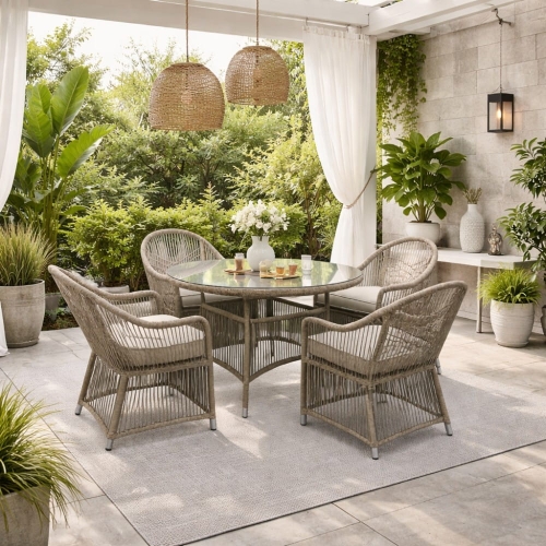 zestaw ogrodowy Sophia szary stół i 4 fotele w aranżacji patio nowe-meble.pl