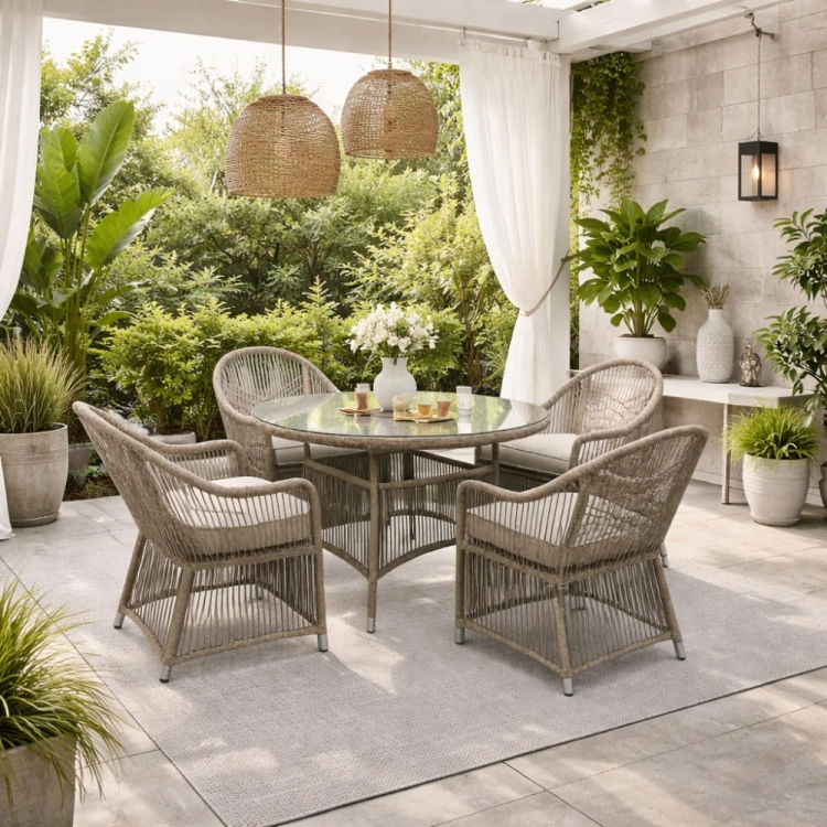 zestaw ogrodowy Sophia szary stół i 4 fotele w aranżacji patio nowe-meble.pl