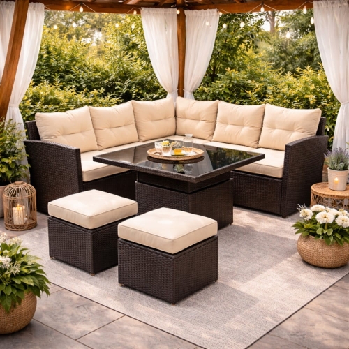 narożnik ogrodowy toscana z technorattanu w altanie premium zestaw wypoczynkowy na taras z beżowymi poduszkami