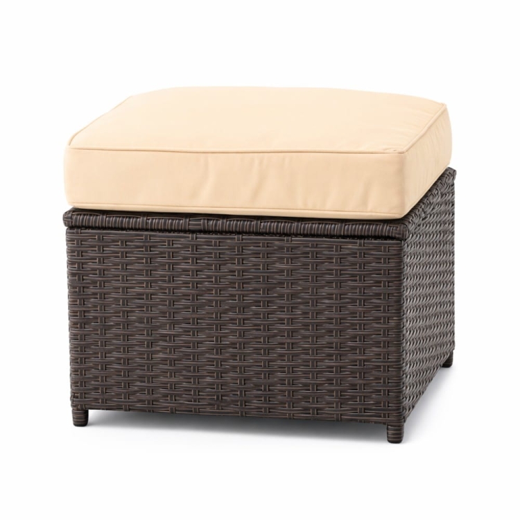 pufa ogrodowa toscana technorattan brązowy z beżową poduszką siedzisko do zestawu ogrodowego