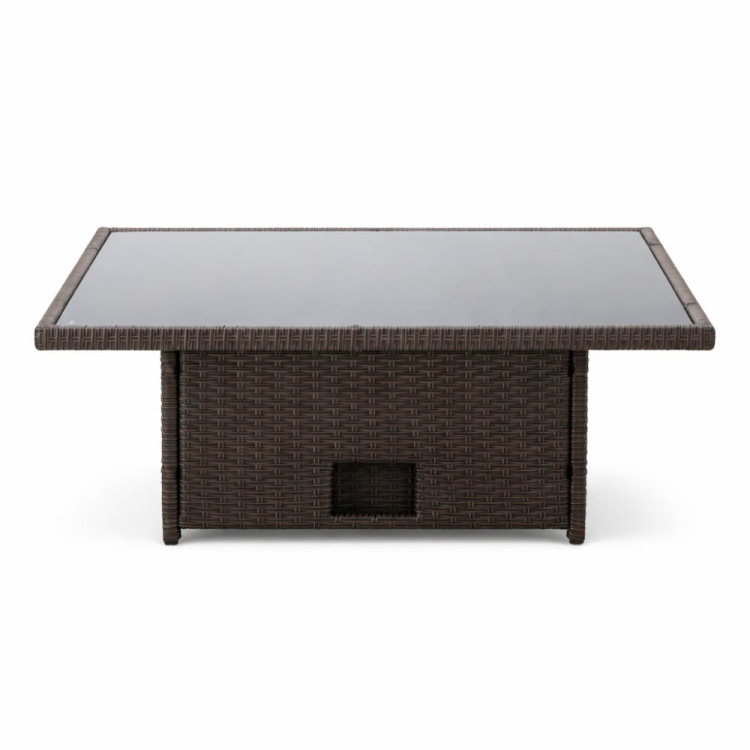 stół ogrodowy toscana technorattan brązowy szklany blat regulowany funkcja podnoszenia