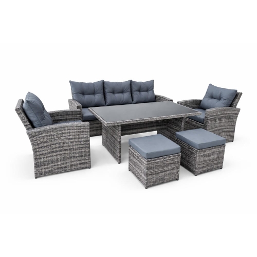 Meble ogrodowe z technorattanu w szarym kolorze sofa 2 fotele 2 pufy