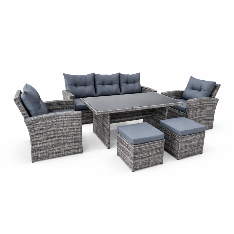Meble ogrodowe z technorattanu w szarym kolorze sofa 2 fotele 2 pufy