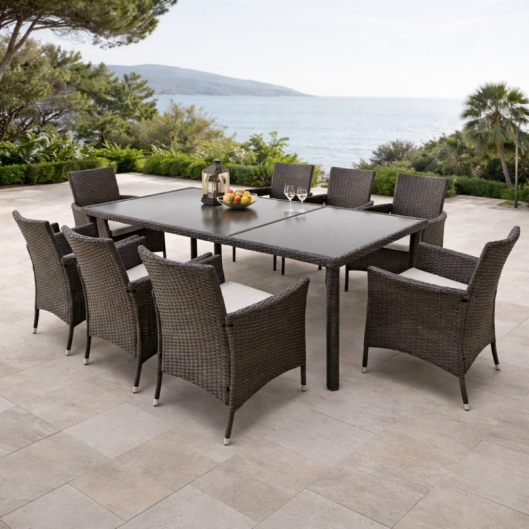 Duży zestaw mebli ogrodowych Portofino Dining technorattan 8 osobowy aranżacja