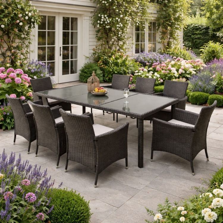 Duży zestaw mebli ogrodowych Portofino Dining technorattan 8 osobowy aranżacja
