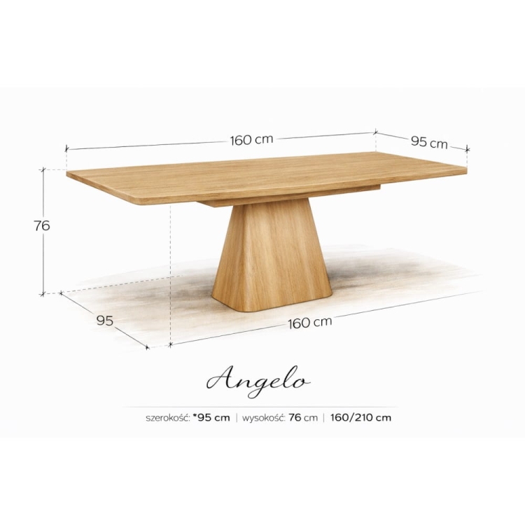 Angelo - stół rozkładany do jadalni salonu nowoczesny dąb naturalny szkic z wymiarami