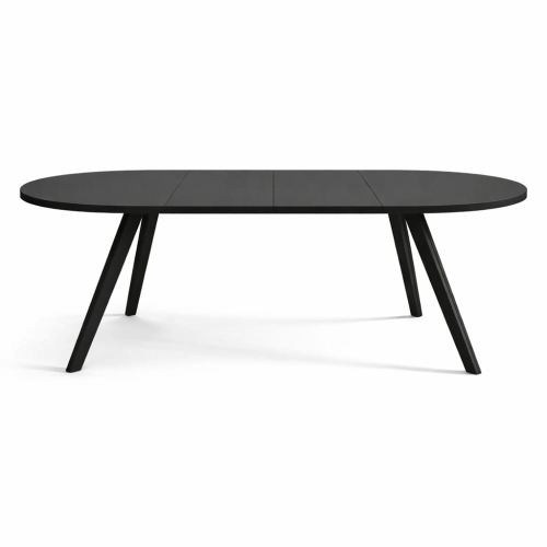 Brenna - czarny okrągły rozkładany stół na nogach z litego buku rozłożony