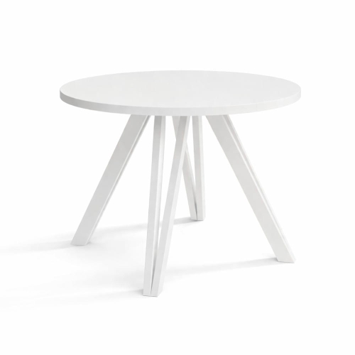 Brenna - biały okrągły rozkładany stół na bukowych nogach złożony