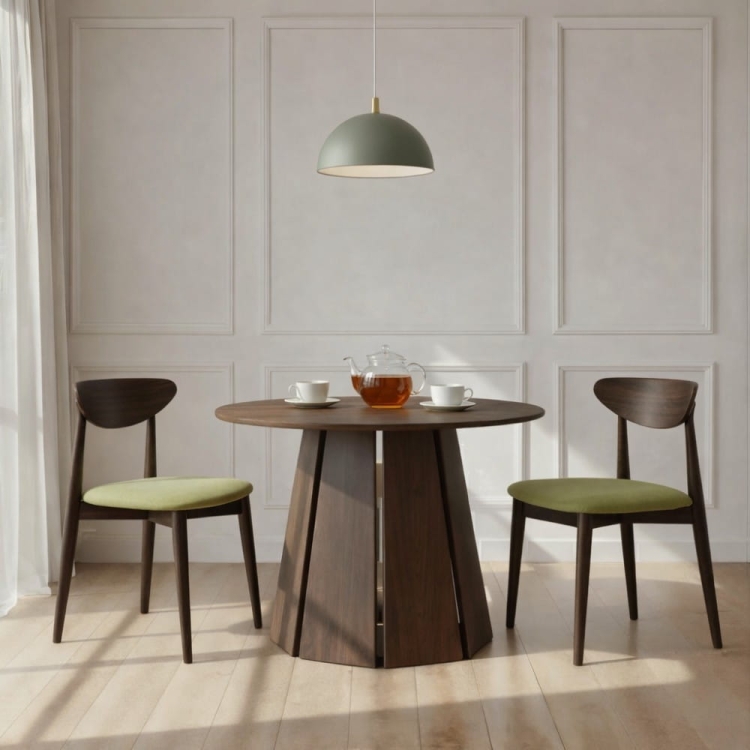 Ardeno - okrągły rozkładany stół orzechowy do jadalni aranżacja z krzesłami Avio