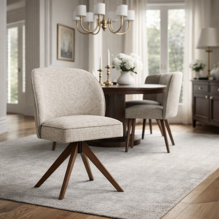 Krzesło obrotowe tapicerowane do dużej jadalni Aine Supreme Wood na dębowej nodze autoreturn aranżacja