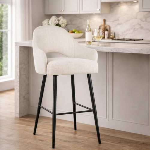 Goda Supreme - niski hoker do wyspy kuchennej 90 cm beżowy na czarnych nogach aranżacja