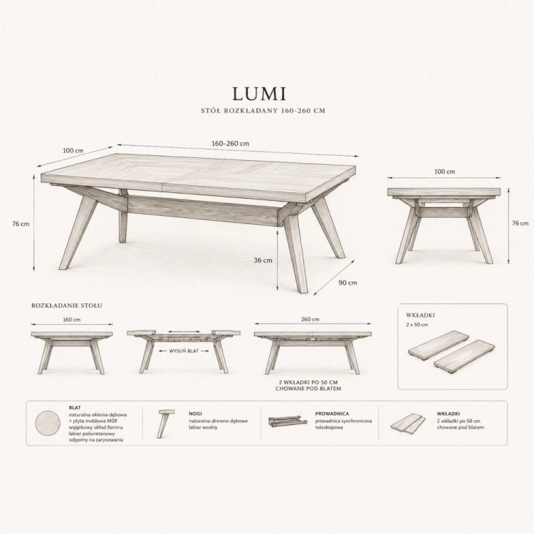 Lumi - dębowy rozkładany stół 160 - 260 cm szkic wymiarowy