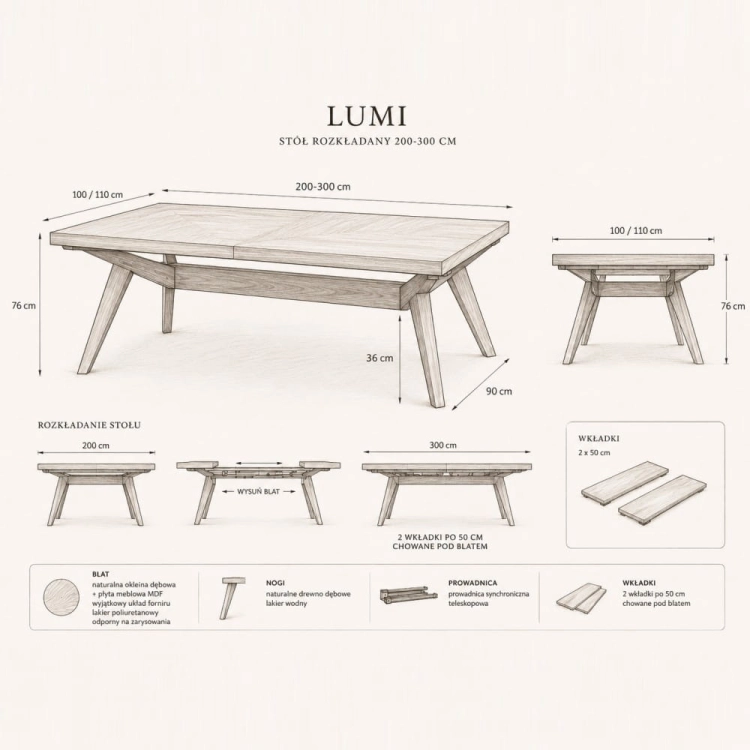 Szkic wymiarowy stołu Lumi 200-300 cm