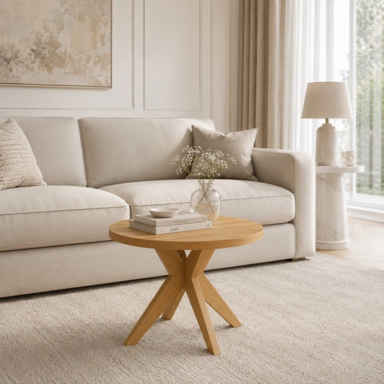 Kate-dębowy stolik kawowy o średnicy 60 cm w kolorze naturalnym w aranżacji modern classic