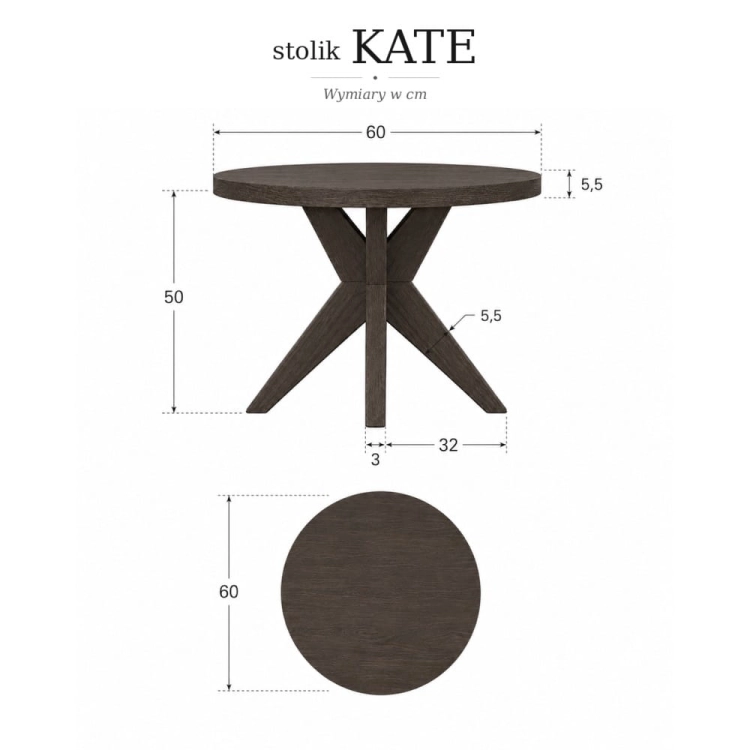 Kate-dębowy stolik kawowy o średnicy 60 cm szkic wymiarowy