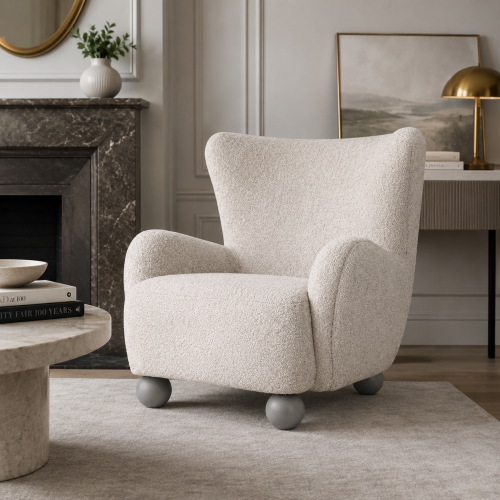 [SORA] - fotel tapicerowany boucle jasny beż szare nogi aranżacja salonu modern classic