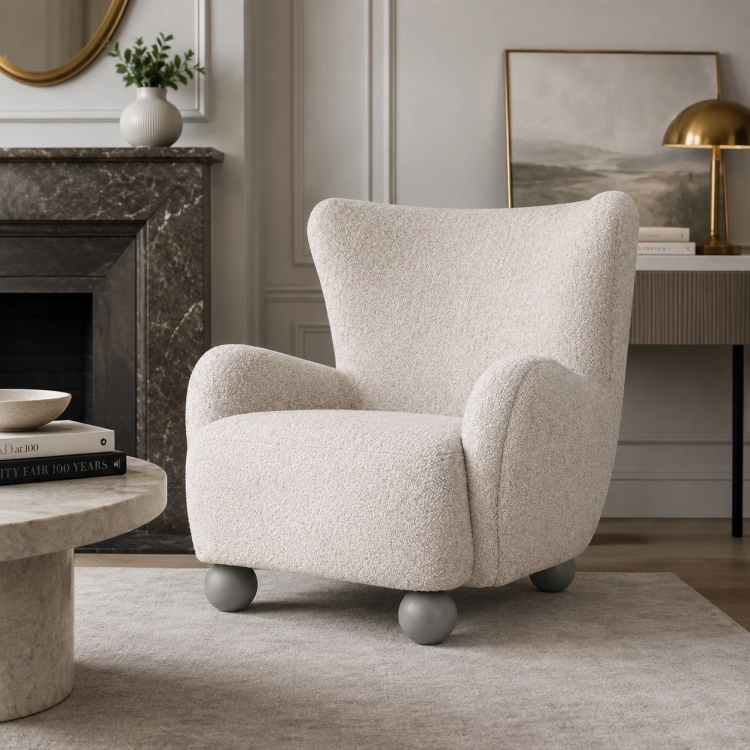 [SORA] - fotel tapicerowany boucle jasny beż szare nogi aranżacja salonu modern classic