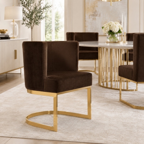 VEGAS - krzesło glamour premium aranżacja jadalni, brązowy welur i złota podstawa