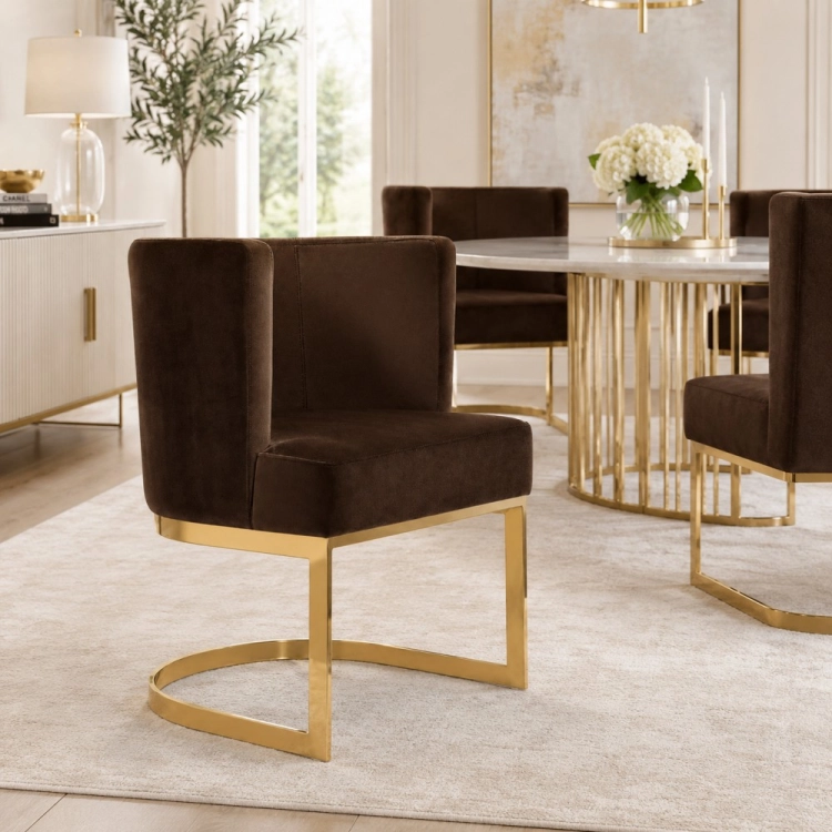 VEGAS - krzesło glamour premium aranżacja jadalni, brązowy welur i złota podstawa