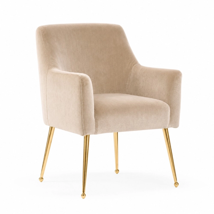 AMADEUS - krzesło fotelowe glamour w beżowej tkaninie BLUVEL na złotych nogach