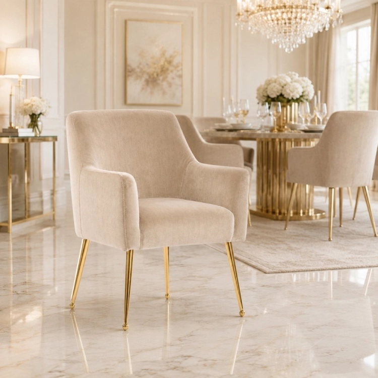 AMADEUS - krzesło fotelowe glamour aranżacja eleganckiej jadalni ze złotym stołem